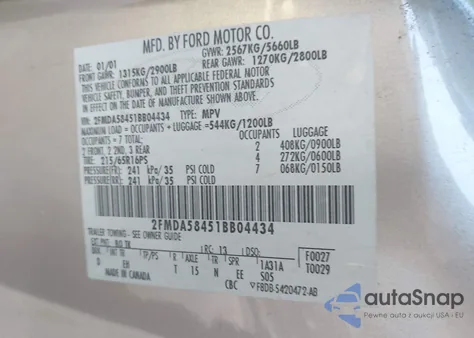 2001 Ford Windstar Limited from USA, damaged, VIN 2FMDA58451BB04434